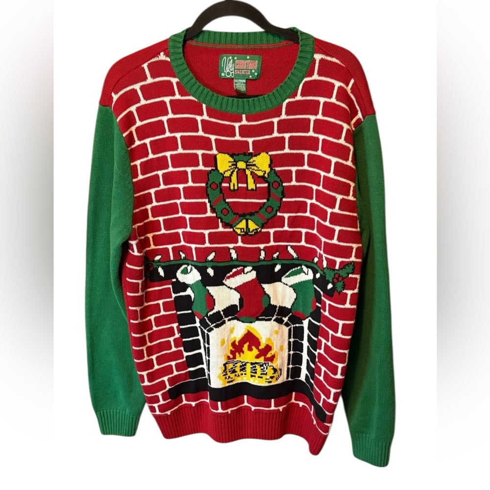 Ugly Christmas Sweater Fireplace Scene Red Green Holiday Knit Unisex XL
